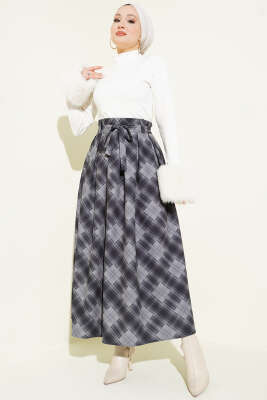 Ekose Desenli Kuşaklı Etek Füme - Etek