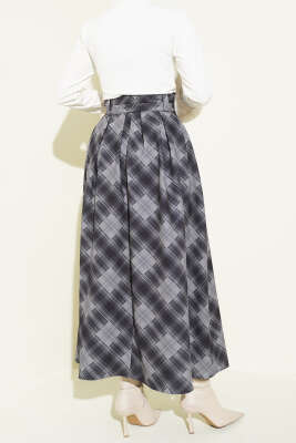 Ekose Desenli Kuşaklı Etek Füme - Etek