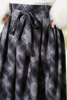 Ekose Desenli Kuşaklı Etek Füme - Etek