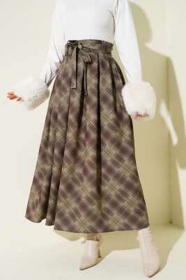 Ekose Desenli Kuşaklı Etek Haki - MUSTİ