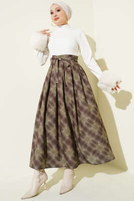 Ekose Desenli Kuşaklı Etek Haki - Etek