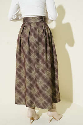 Ekose Desenli Kuşaklı Etek Haki - Etek