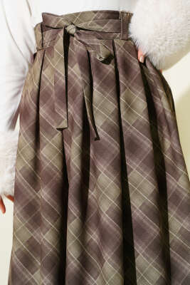 Ekose Desenli Kuşaklı Etek Haki - Etek