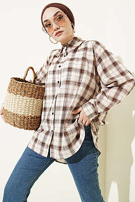 Ekose Desenli Salaş Gömlek Bej - REYON