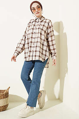 Ekose Desenli Salaş Gömlek Bej - Gömlek