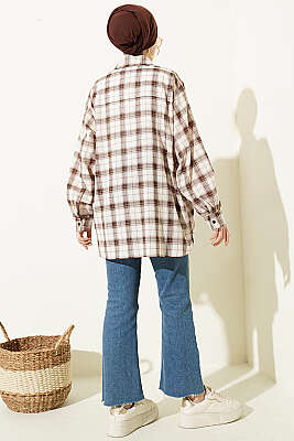 Ekose Desenli Salaş Gömlek Bej - Gömlek