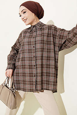 Ekose Desenli Salaş Gömlek Kahve - REYON