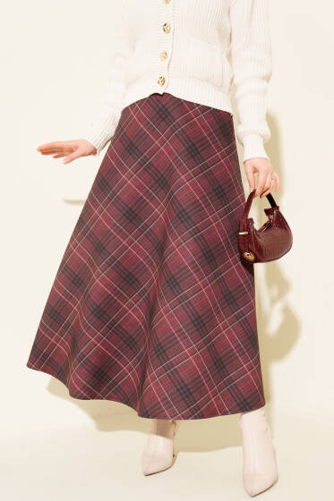 Ekose Desenli Scuba Etek Bordo - Etek