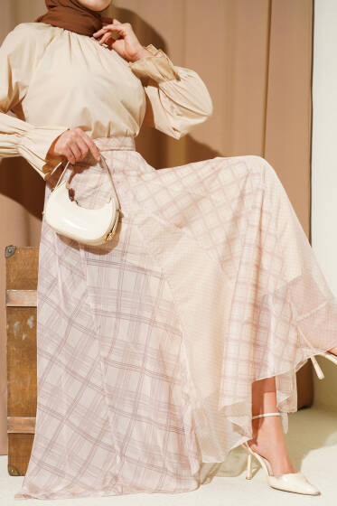 Ekose Desenli Şifon Kloş Etek Bej - Etek