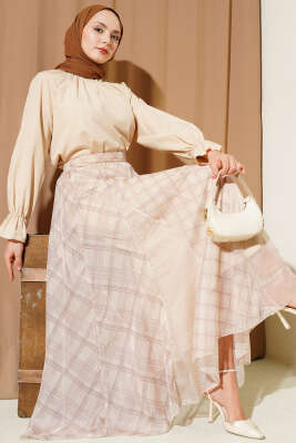 Ekose Desenli Şifon Kloş Etek Bej - Etek