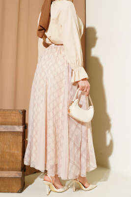 Ekose Desenli Şifon Kloş Etek Bej - Etek