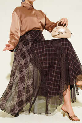 Ekose Desenli Şifon Kloş Etek Kahve - TEGOE