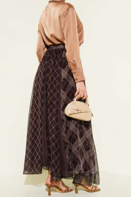 Ekose Desenli Şifon Kloş Etek Kahve - Etek