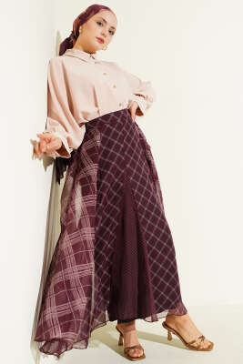 Ekose Desenli Şifon Kloş Etek Mürdüm - Etek