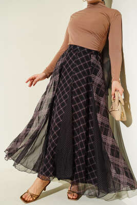 Ekose Desenli Şifon Kloş Etek Siyah - TEGOE