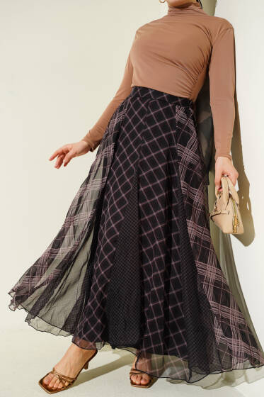 Ekose Desenli Şifon Kloş Etek Siyah - Etek