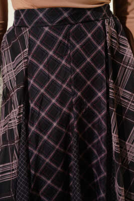 Ekose Desenli Şifon Kloş Etek Siyah - Etek