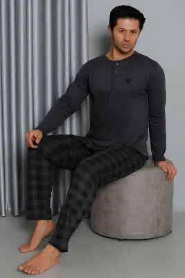 Ekose Detaylı Düğmeli Erkek Pijama Takımı Antrasit - Kadın Pijama Takımı