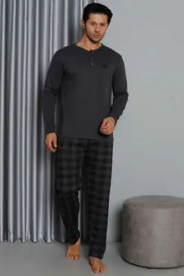 Ekose Detaylı Düğmeli Erkek Pijama Takımı Antrasit - Pijama