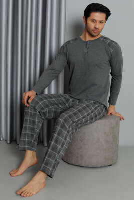 Ekose Detaylı Düğmeli Erkek Pijama Takımı Füme 