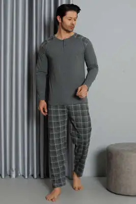 Ekose Detaylı Düğmeli Erkek Pijama Takımı Füme - Kadın Pijama Takımı
