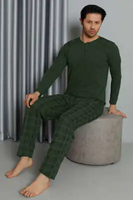 Ekose Detaylı Düğmeli Erkek Pijama Takımı Haki 