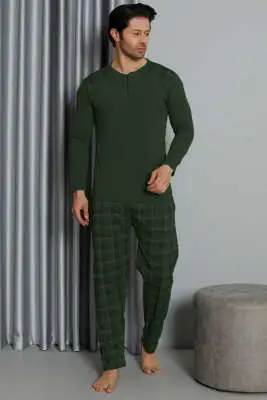 Ekose Detaylı Düğmeli Erkek Pijama Takımı Haki - Pijama