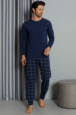 Ekose Detaylı Düğmeli Erkek Pijama Takımı İndigo 