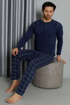 Ekose Detaylı Düğmeli Erkek Pijama Takımı İndigo - Kadın Pijama Takımı