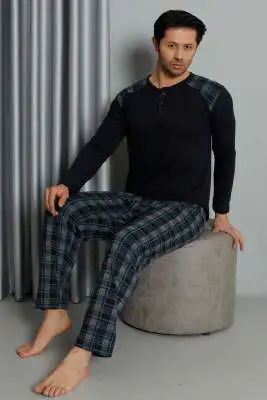 Ekose Detaylı Düğmeli Erkek Pijama Takımı Lacivert - Kadın Pijama Takımı