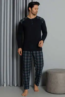 Ekose Detaylı Düğmeli Erkek Pijama Takımı Lacivert 