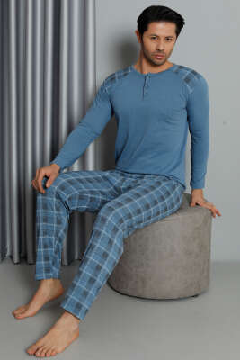 Ekose Detaylı Düğmeli Erkek Pijama Takımı Mavi - Kadın Pijama Takımı