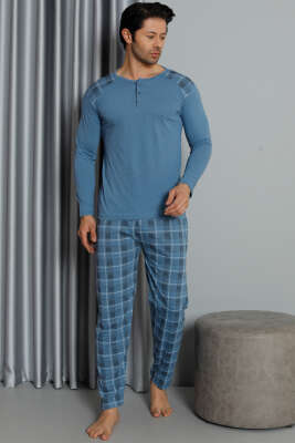 Ekose Detaylı Düğmeli Erkek Pijama Takımı Mavi 