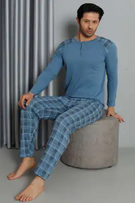 Ekose Detaylı Düğmeli Erkek Pijama Takımı Mavi - Pijama