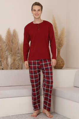 Ekose Detaylı Uzun Kol Erkek Pijama Takımı Bordo - IŞILAY