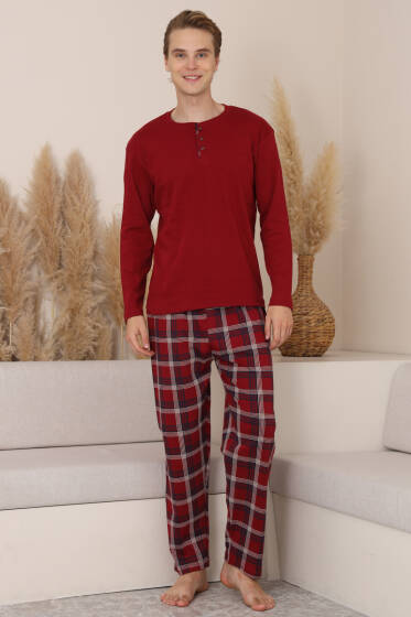 Ekose Detaylı Uzun Kol Erkek Pijama Takımı Bordo - Pijama