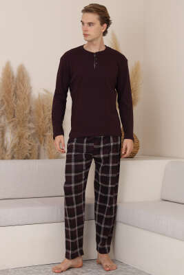 Ekose Detaylı Uzun Kol Erkek Pijama Takımı Burgonya - IŞILAY