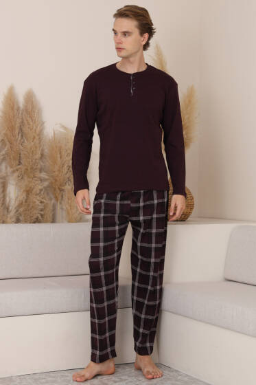 Ekose Detaylı Uzun Kol Erkek Pijama Takımı Burgonya - Pijama