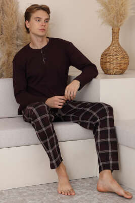 Ekose Detaylı Uzun Kol Erkek Pijama Takımı Burgonya - Pijama