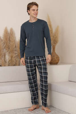 Ekose Detaylı Uzun Kol Erkek Pijama Takımı Füme - IŞILAY