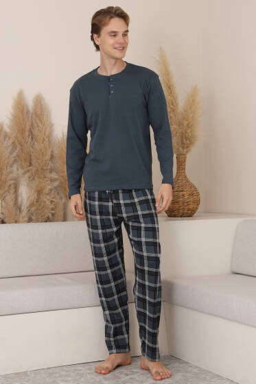 Ekose Detaylı Uzun Kol Erkek Pijama Takımı Füme - Pijama