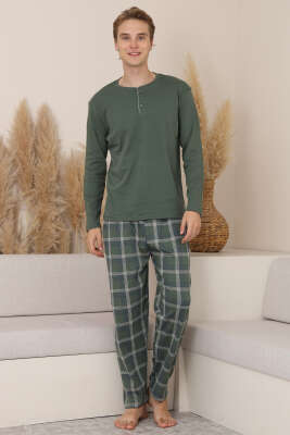 Ekose Detaylı Uzun Kol Erkek Pijama Takımı Haki - IŞILAY