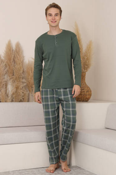 Ekose Detaylı Uzun Kol Erkek Pijama Takımı Haki - Pijama