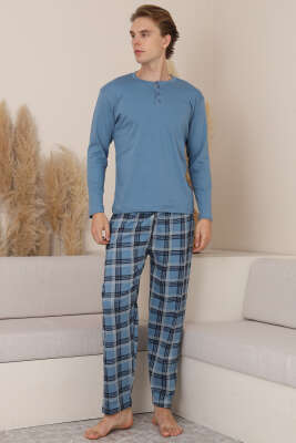 Ekose Detaylı Uzun Kol Erkek Pijama Takımı Mavi 