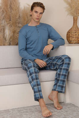 Ekose Detaylı Uzun Kol Erkek Pijama Takımı Mavi - Pijama