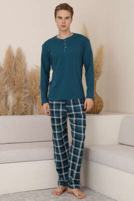Ekose Detaylı Uzun Kol Erkek Pijama Takımı Petrol 