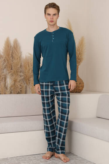 Ekose Detaylı Uzun Kol Erkek Pijama Takımı Petrol - Pijama