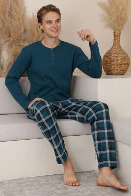 Ekose Detaylı Uzun Kol Erkek Pijama Takımı Petrol - Pijama