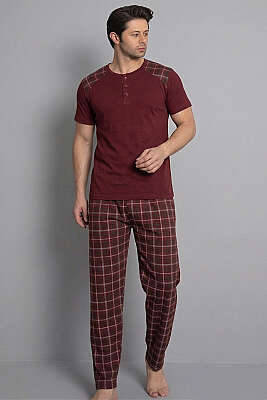 Ekose Garnili Kısa Kol Erkek Pijama Takımı Bordo 