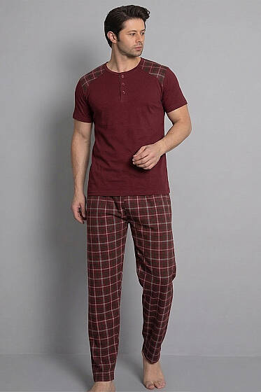 Ekose Garnili Kısa Kol Erkek Pijama Takımı Bordo - Pijama